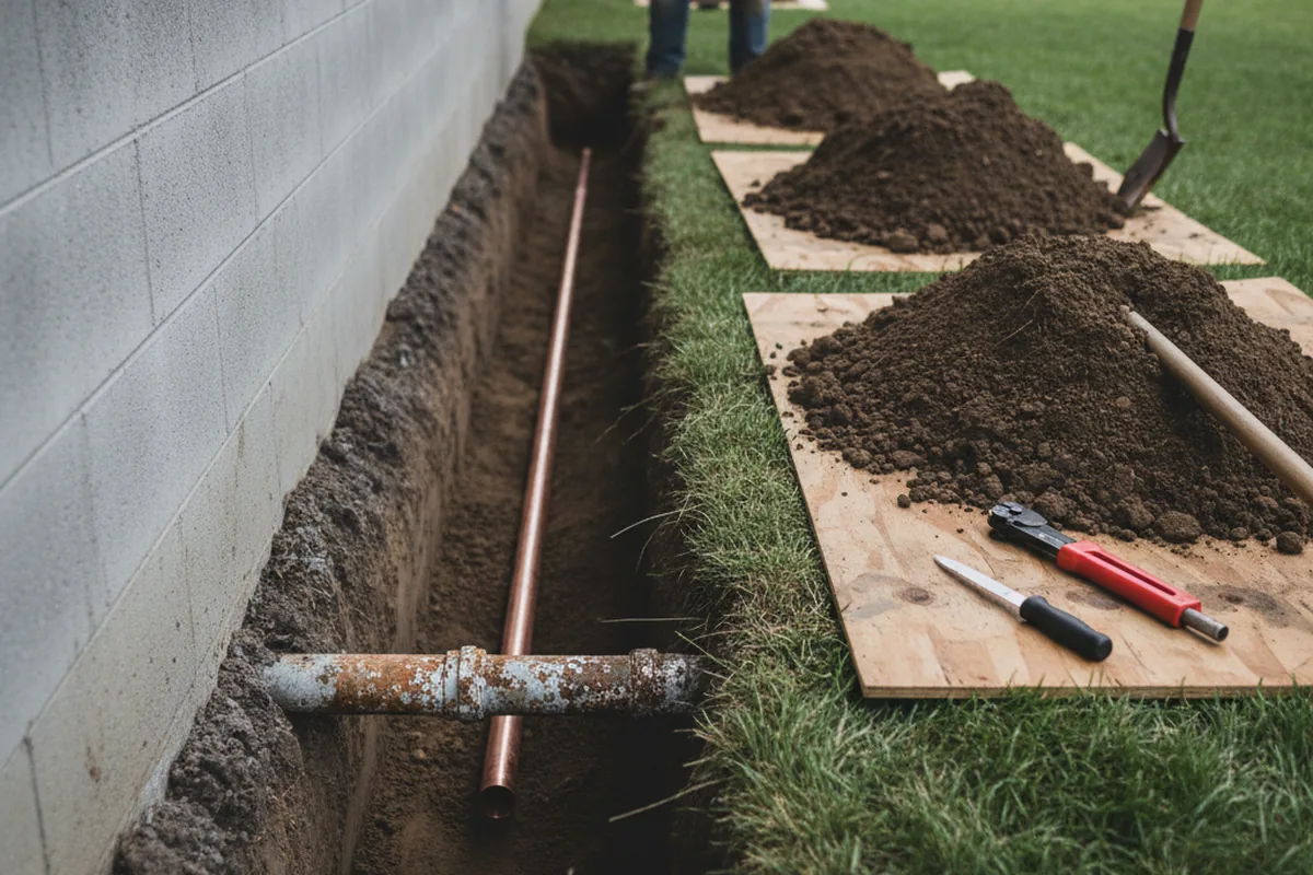 Excavated water line trench during Water Heater Repair in Kechi
